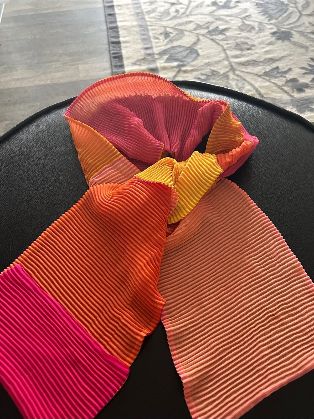 Made in France -Pleated Colorblock Scarf in Hot Pink, Orange & Yellow